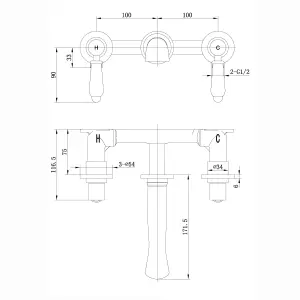 ENKI Downton Gold 3-Hole Wall Mounted Ceramic Lever Brass Basin Mixer Tap BT0605