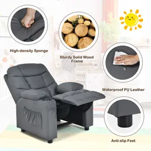 COSTWAY Kids Single Sofa Chair PU Leather Children Armchair Recliner with Cup Holders