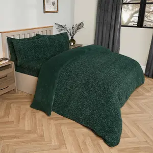 Teddy Fleece Duvet Cover Bedding Set Marl Pillowcase, Dark Green - Single