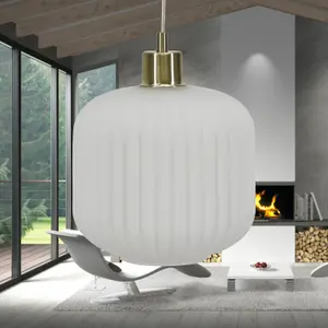 First Choice Lighting Bento White Ribbed Glass with Satin Brass Pendant Fitting