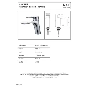 RAK Sport Polished Chrome Modern Basin Sink Mixer Tap Solid Brass