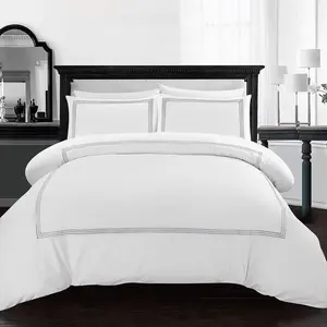 My Home Store Junco Microfiber 3 Piece Luxury Bratta Stitch Duvet Cover Sets With Pillowcase White/Grey / Single - 1 Standard Pillowcase