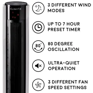 Climatik 43-inch XL Cooling Tower Fan Internal Oscillation with 3 Speed Settings Includes Remote, 7-hour Timer