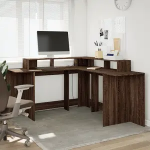 Berkfield Desk with LED Lights Brown Oak 152x152x91 cm Engineered Wood