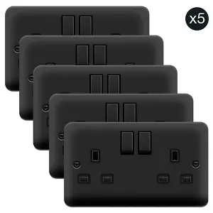 5 PACK - Curved Matt Black 2 Gang 13A DP Ingot Twin Double Switched Plug Socket - Black Trim - SE Home