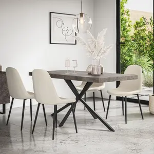 Donni Dining Table And Chairs -  Concrete Effect Table Top w Black Legs + Maya Boucle Dining Chair Set Of 4 (Ivory White)