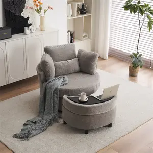 Chenille Swivel Armchair with 3 Back Cushion Pillow Ottoman Crescent Stool 