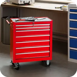 Tool Box - with wheels, 7 drawers, central locking system - red