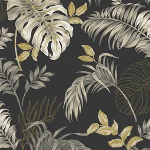 Grandeco Allison Palm Leaf Foliage Blown Vinyl Wallpaper, Black