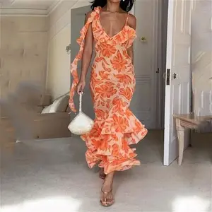 Summer Spaghetti Strap Ruffle Dresses Women Lady Elegant V Neck Sleeveless Slim Dress Cami Floral Casual Dress 2024