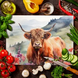 Textured Glass Chopping Board Watercolour Highland Cow - Medium