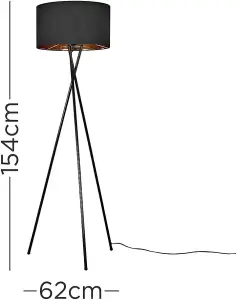 Modern Gloss Black Metal Tripod Floor Lamp with a Black/Gold Cylinder Drum Shade