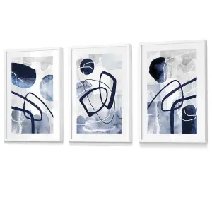 Abstract Navy Blue Shapes Set of 3 Prints Wall Art / 42x59cm (A2) / White Frame