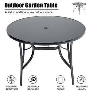 Black Round Tempered Glass Top Garden Bistro Dinging Table with Metal Frame and Umbrella Hole Outdoor 105 cm