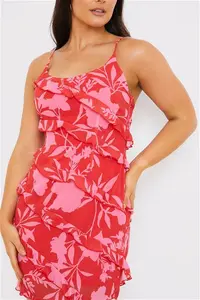 Floral Frill Cami Mini Dress - Women's - Red - Size: 16 - Polyester - In The Style - Dresses > Mini Dresses > Red Dresses > Red Mini Dresses