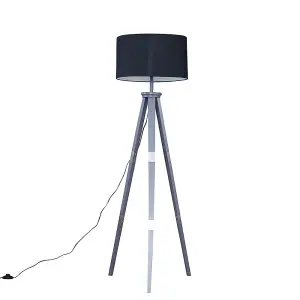 ValueLights Willow Large Grey Wood & Metal Tripod Design Floor Lamp with Black Shade Complete with 6w LED GLS Bulb In Warm White