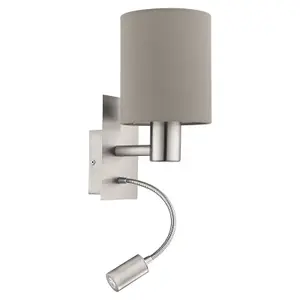 Wall Light Colour Satin Nickel Shade Taupe Fabric Bulb E27 LED 1x40W 1x3.5W