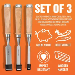 3pc Carpenters Wood Chisel Set Tools Wooden Handles Diy Workshop Carve Hand Tool