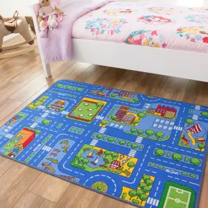 Kids Blue Interactive Roads Play Mat Soft Bedroom Rug 100x165cm