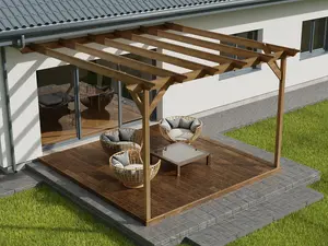 Wall mounted pergola and decking complete diy kit, Orchid design (4.8m x 4.8m, Rustic brown finish)