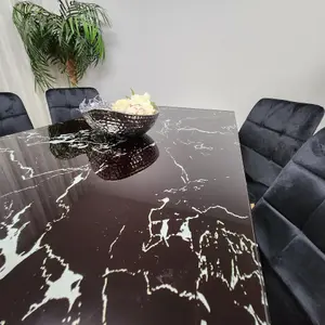 Dining Table and 4 Chairs Black Marble Effect Glass 4 Velvet Black Chairs Dining Room Furniture