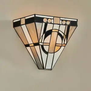 Art Deco Tiffany Glass Wall Light - Matt Black Steel - 40W E14 Golf Bulb Needed