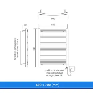 600x700mm Curved Chrome Heated Towel Warmer Ladder Rail Radiator