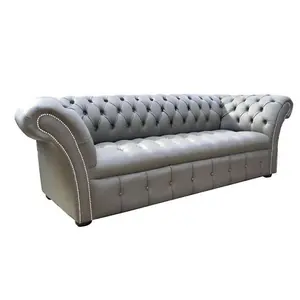 Chesterfield 3 Seater Sofa Buttoned Seat Silver Birch Leather In Balmoral Style