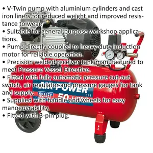 50L Direct Drive Air Compressor - V-Twin Pump - 3 hp Heavy Duty Induction Motor