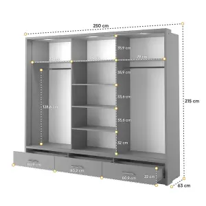 LUX XXIII - Modern Grey Mirrored Sliding Door Wardrobe (H2150mm W2500mm D630mm) with Drawers and LED Lighting