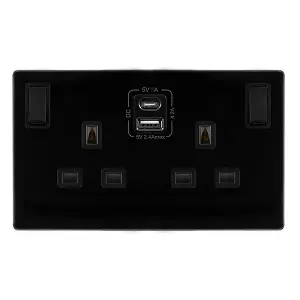 Matt Black Screwless Plate 2 Gang 13A DP   Type A & C USB Twin Double Switched Plug Socket - Black Trim - SE Home