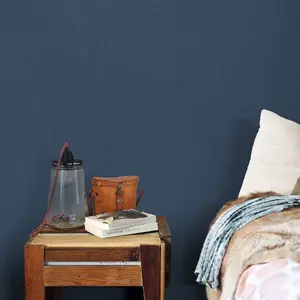 Grandeco Panama Plain Textured Linen Fabric Wallpaper, Navy