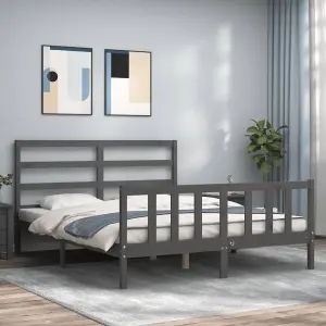 Berkfield Bed Frame with Headboard Grey King Size Solid Wood