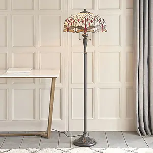 Luminosa Dragonfly 2 Light Floor Lamp Dark Bronze, Beige, Tiffany Style Glass, E27