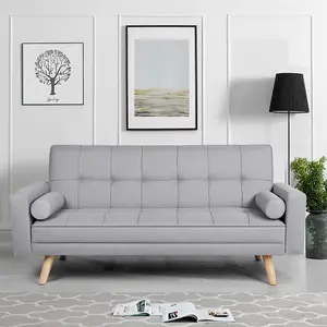 Yaheetech Grey Fabric Upholstered 3 Seater Convertible Sofa Bed with Armrests and 2 Bolster Pillows