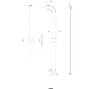 4x Round D Bar Pull Handle 1830 x 30mm 1800mm Fixing Centres Satin Steel