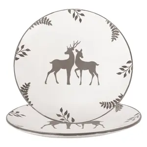 Set of 2 Grey Stag Christmas Tableware Serving Dish, Christmas Dinner Plates