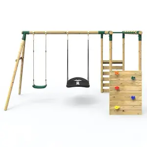 Rebo Wooden Garden Children's Swing Set with Extra-Long Monkey Bars - Double Swing - Sage Green