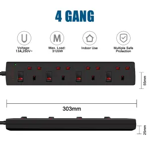 Extrastar 4 Way Socket 13A, 5M, Black, with Indicate Light, Individual Switch,  Surge Indicator