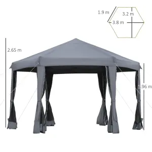 Outsunny 3.2m Pop Up Gazebo Hexagonal Canopy Tent Outdoor w/ Bag Grey