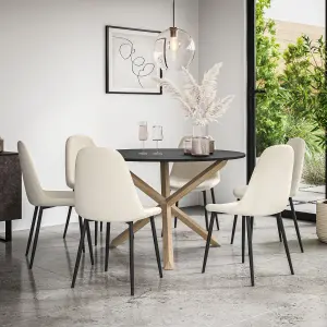 Malvern Round Dining Table And Chairs -  Black Table Top w Solid Oak Legs + Maya Boucle Dining Chair Set Of 6 (Ivory White)