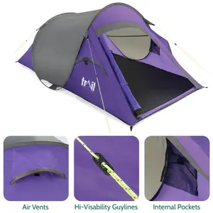 2 Man Pop Up Tent Lightweight Portable Camping Festival Shelter Single Skin Trail - Purple