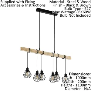 Hanging Ceiling Pendant Light Black Cage & Wood 6x E27 Kitchen Island Lamp