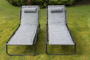 SET OF 2 Luxury Padded Lay Flat Garden Sun Loungers in Grey Weatherproof Textoline