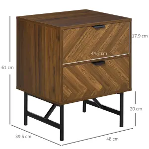 HOMCOM Two-Drawer Herringbone Bedside Table Home Cabinet Bedroom Storage Brown