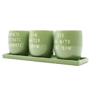 Set of 3 Green Slogan Ceramic Planters with Tray