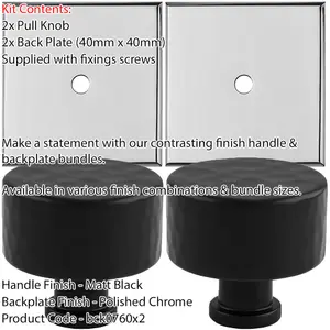 2 PACK - Cabinet Door Knob & Contrasting Backplate Set - Hammered Kitchen Pull - Matt Black & Chrome