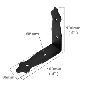 Pack of 2 x Black Corner Brackets - 115 x 115 mm Steel Right Angle Braces L Shaped Retro Decorative Metal Bracket 90 Degree Corner