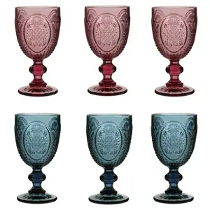 Set of 6 Vintage Luxury Blue & Pink Drinking Wine Glass Wine Goblets 310ml