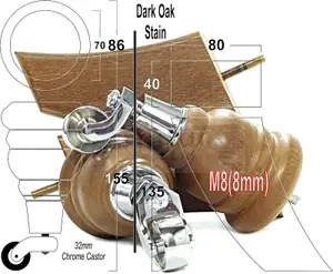 2x DARK OAK STAIN 155mm HIGH WOOD FURNITURE LEGS WITH CHROME CASTOR & 2 CURVED BACK FEET SETTEE CHAIRS, SOFAS M8 TSP2007